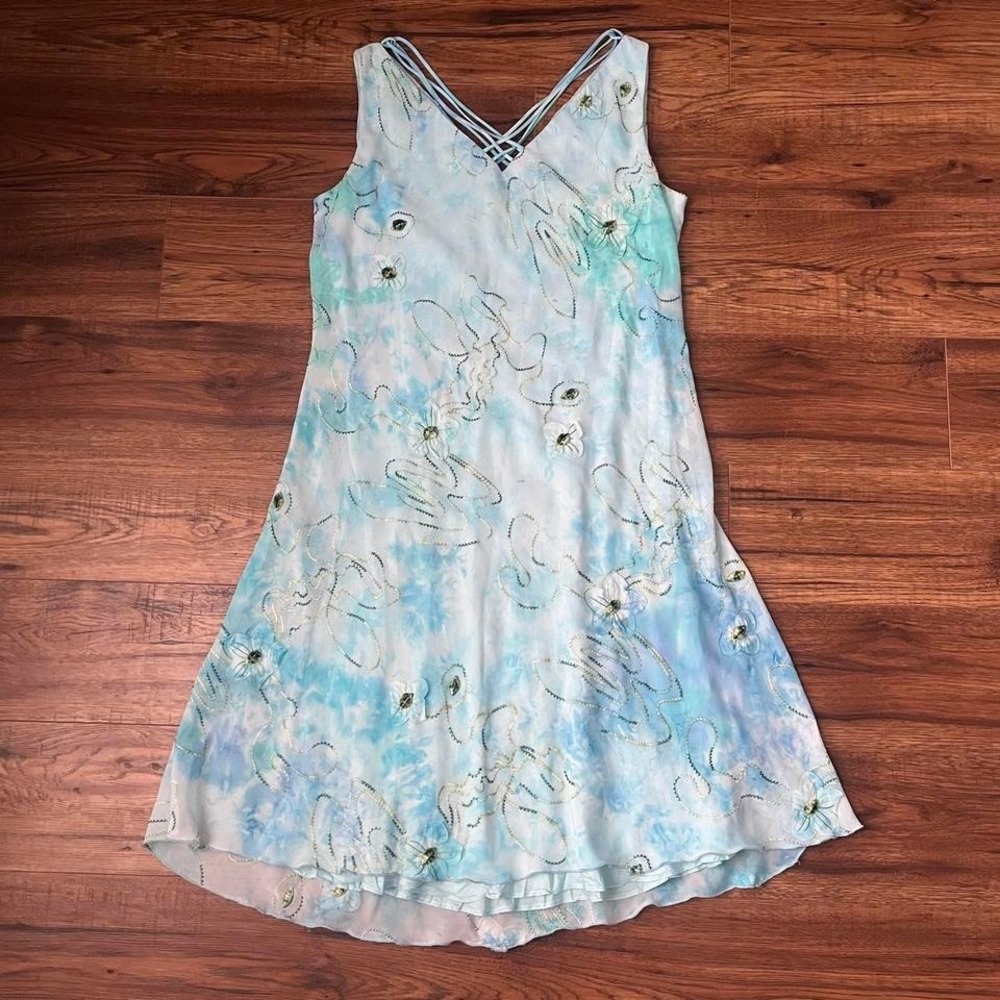 Y2K Blue Tie Dye Sequins Floral Embroidered Flowy Midi Dress Women Small‎ Fairy